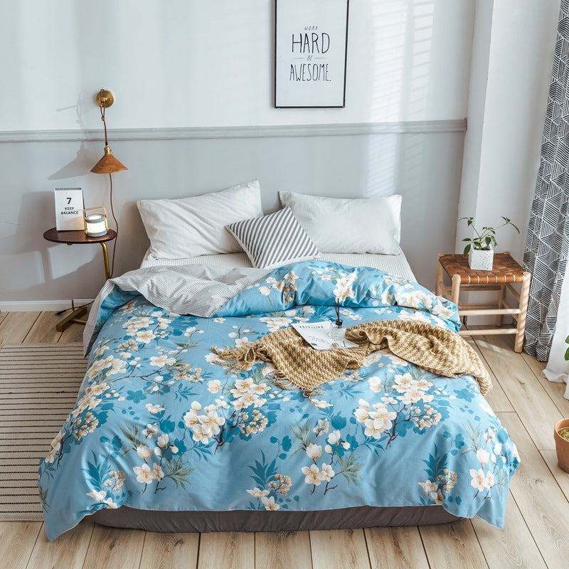 HKM-970643 Korean Floral Cotton Quilt Cover Set - Soft and Breathable Bedding in Plant Print - Size 220x240 cm