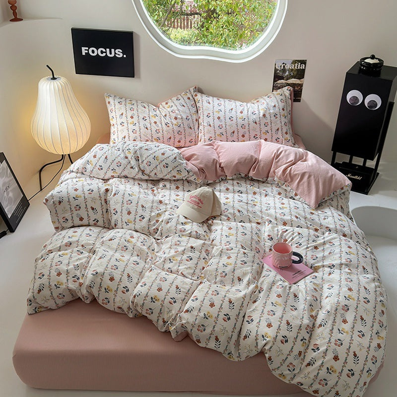 HKM-970643 Washed Cotton Four-Piece Bed Sheet Set with Geometric and Floral Prints