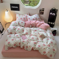 HKM-970643 Washed Cotton Four-Piece Bed Sheet Set with Geometric and Floral Prints