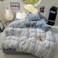 HKM-970643 Washed Cotton Four-Piece Bed Sheet Set with Geometric and Floral Prints