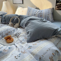 HKM-970643 Washed Cotton Four-Piece Bed Sheet Set with Geometric and Floral Prints