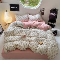HKM-970643 Washed Cotton Four-Piece Bed Sheet Set with Geometric and Floral Prints