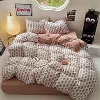 HKM-970643 Washed Cotton Four-Piece Bed Sheet Set with Geometric and Floral Prints