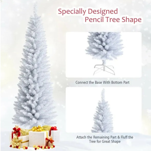 HKM-970771 6 Feet Slim White Artificial Christmas Tree with Metal Stand for Elegant Holiday Decor