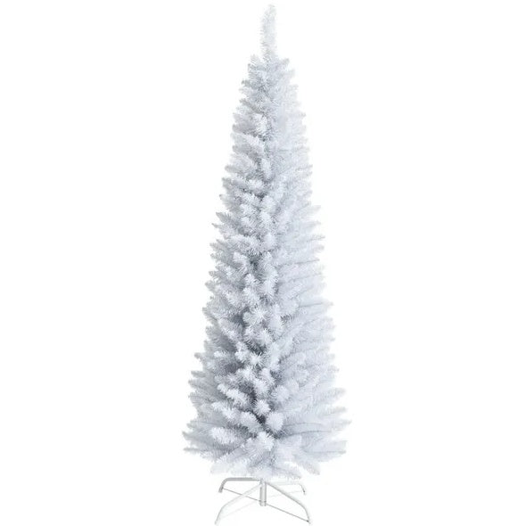 HKM-970771 6 Feet Slim White Artificial Christmas Tree with Metal Stand for Elegant Holiday Decor