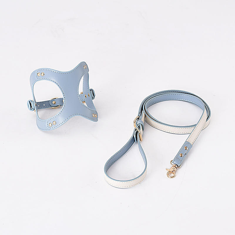 HKM-970835 Leather and Metal Dog Chest Strap with Traction Rope and Toilet Bag - Multiple Color Options Available
