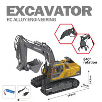 HKM-970899 14-Channel Electric Alloy Tracked Remote Control Excavator with Drill, Gripper, and Digger for Ages 5+