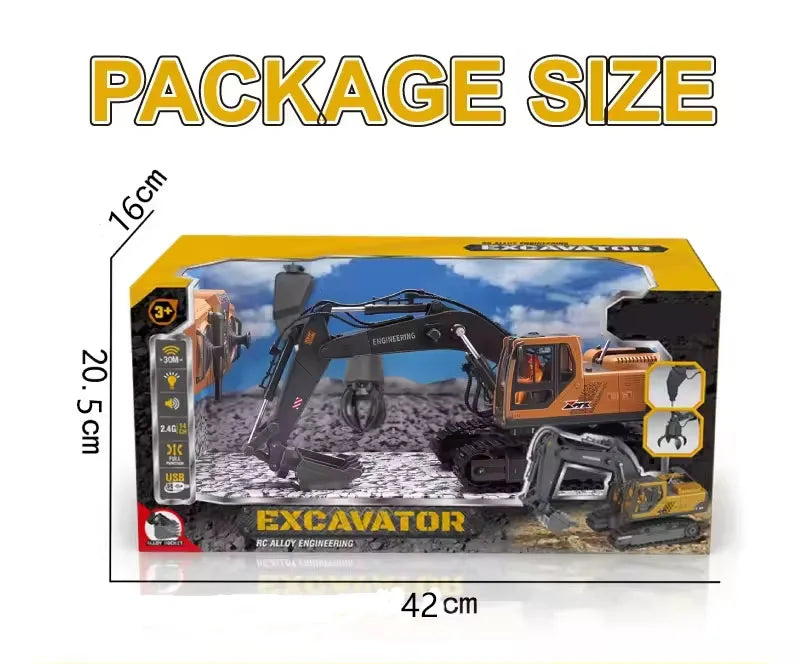 HKM-970899 14-Channel Electric Alloy Tracked Remote Control Excavator with Drill, Gripper, and Digger for Ages 5+