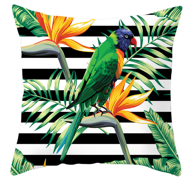 HKM-971027 Tropical Plant and Bird Print Peach Skin Pillowcase, 45x45cm, Polyester Cushion Cover