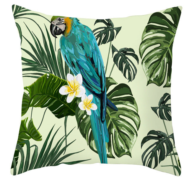 HKM-971027 Tropical Plant and Bird Print Peach Skin Pillowcase, 45x45cm, Polyester Cushion Cover