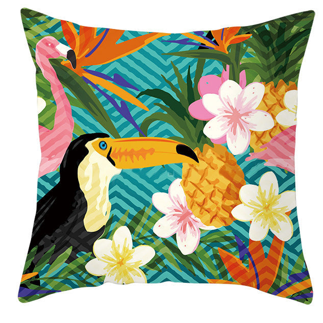 HKM-971027 Tropical Plant and Bird Print Peach Skin Pillowcase, 45x45cm, Polyester Cushion Cover