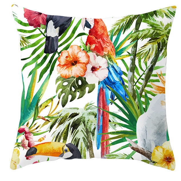 HKM-971027 Tropical Plant and Bird Print Peach Skin Pillowcase, 45x45cm, Polyester Cushion Cover