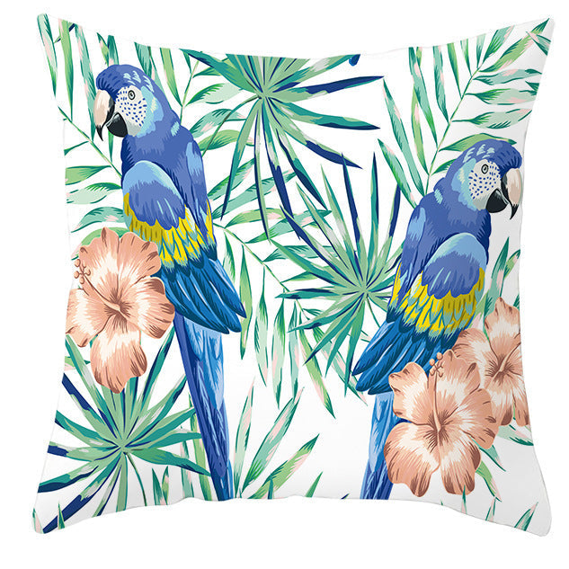 HKM-971027 Tropical Plant and Bird Print Peach Skin Pillowcase, 45x45cm, Polyester Cushion Cover