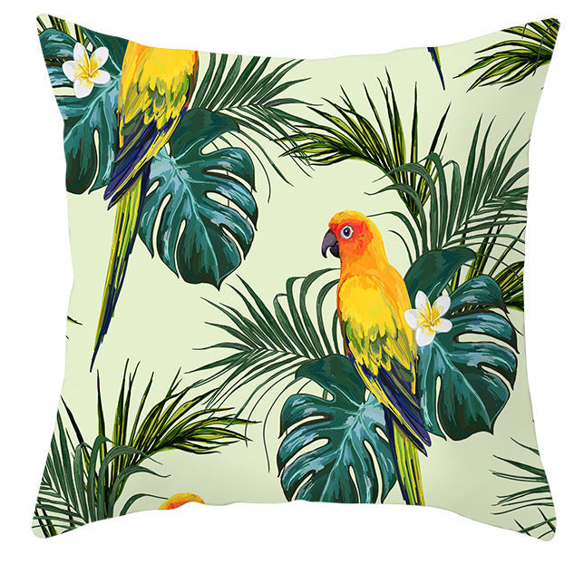 HKM-971027 Tropical Plant and Bird Print Peach Skin Pillowcase, 45x45cm, Polyester Cushion Cover