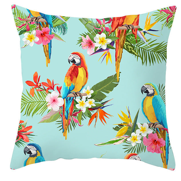 HKM-971027 Tropical Plant and Bird Print Peach Skin Pillowcase, 45x45cm, Polyester Cushion Cover