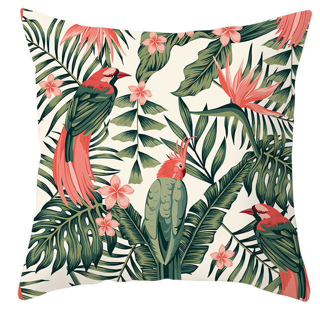 HKM-971027 Tropical Plant and Bird Print Peach Skin Pillowcase, 45x45cm, Polyester Cushion Cover