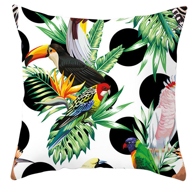 HKM-971027 Tropical Plant and Bird Print Peach Skin Pillowcase, 45x45cm, Polyester Cushion Cover