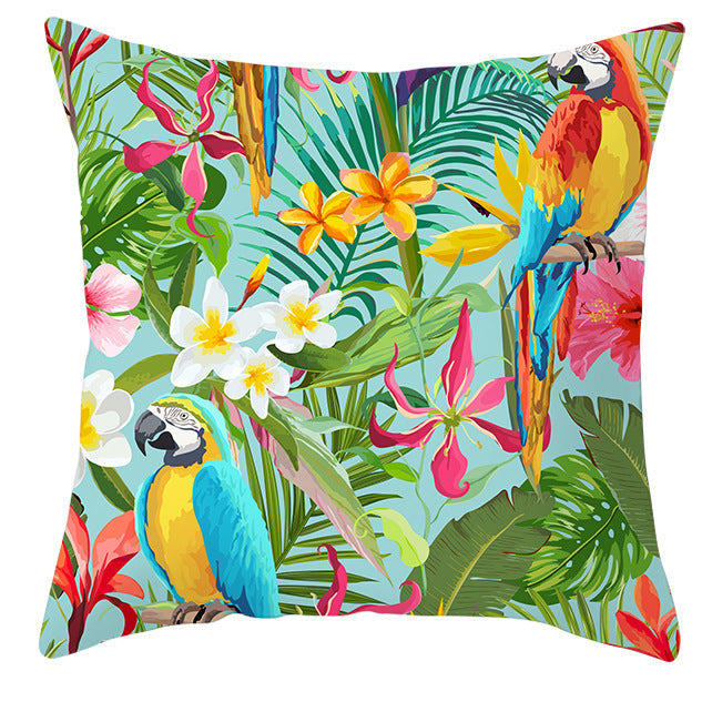 HKM-971027 Tropical Plant and Bird Print Peach Skin Pillowcase, 45x45cm, Polyester Cushion Cover
