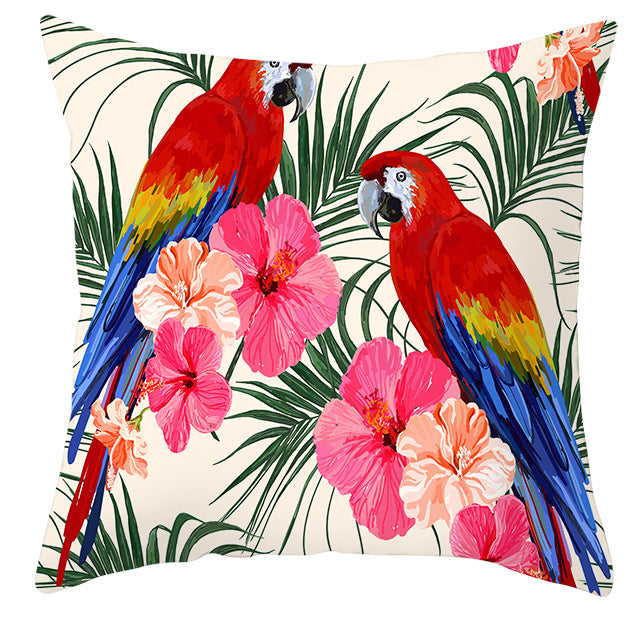 HKM-971027 Tropical Plant and Bird Print Peach Skin Pillowcase, 45x45cm, Polyester Cushion Cover