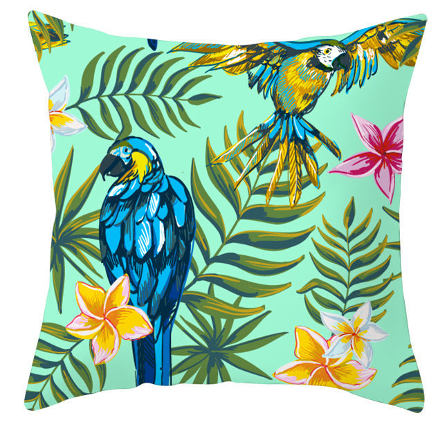 HKM-971027 Tropical Plant and Bird Print Peach Skin Pillowcase, 45x45cm, Polyester Cushion Cover
