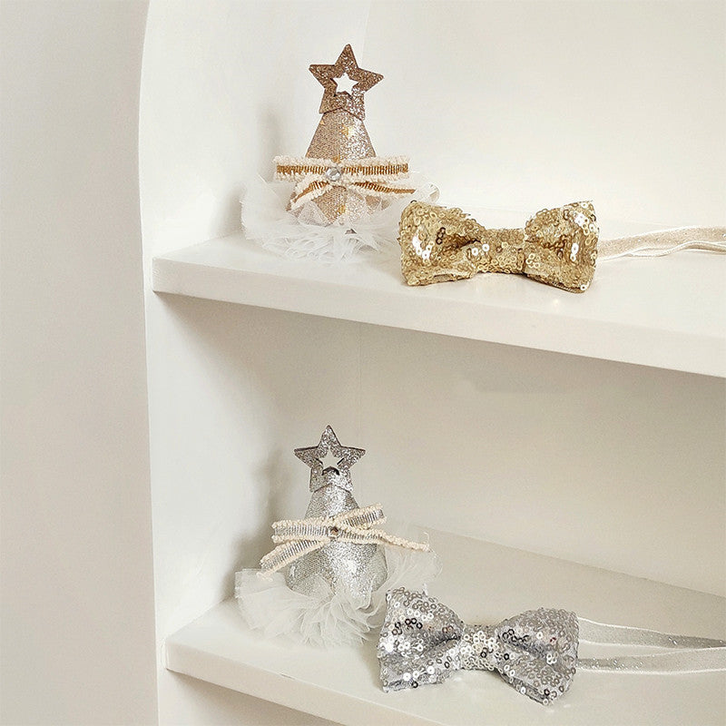HKM-971155 Cat Birthday Sequin Star Hat and Bow Tie Set in Gold and Silver