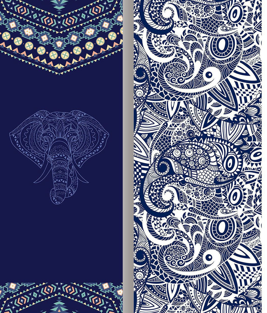 HKM-972179 Yoga Position Line Towel - Grey Mandala & Blue Elephant Microfiber Mat Towel (1mm Thickness)