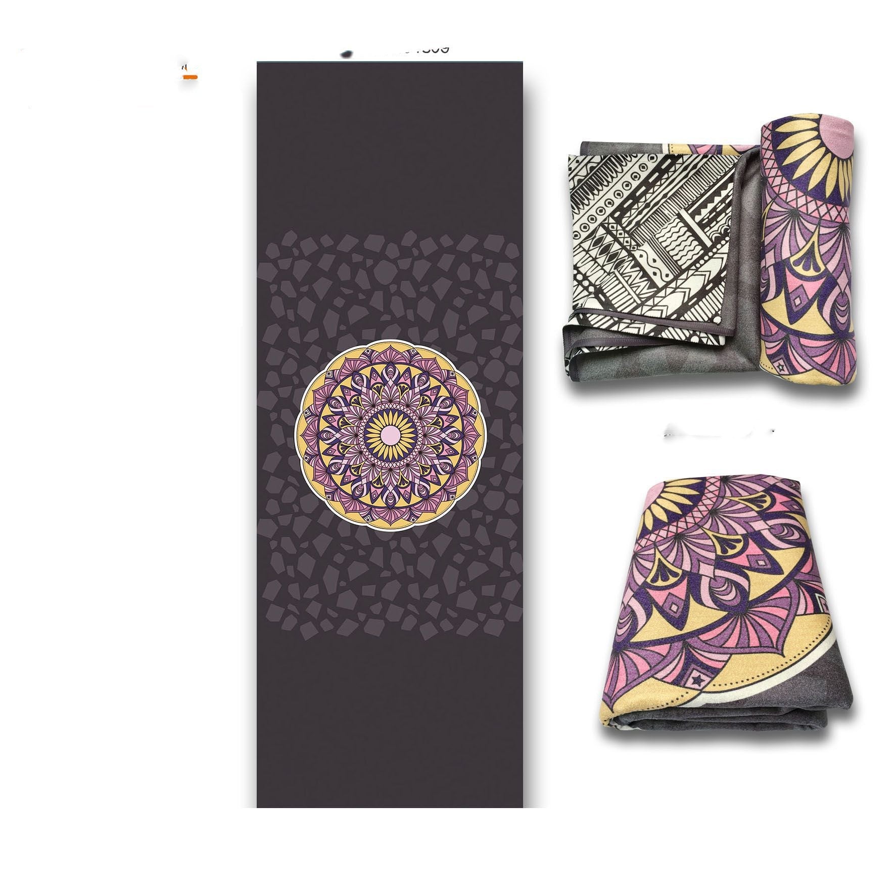 HKM-972179 Yoga Position Line Towel - Grey Mandala & Blue Elephant Microfiber Mat Towel (1mm Thickness)