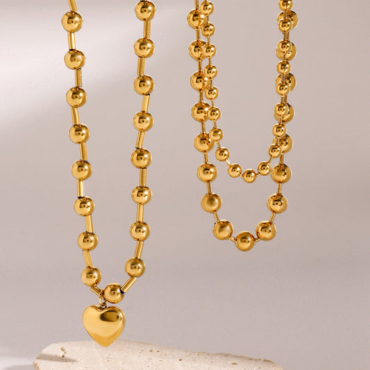 HKM-972307 Stainless Steel Beaded Love Necklace with 18k Gold Plated Clavicle Chain