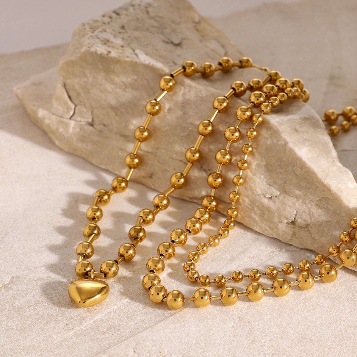 HKM-972307 Stainless Steel Beaded Love Necklace with 18k Gold Plated Clavicle Chain
