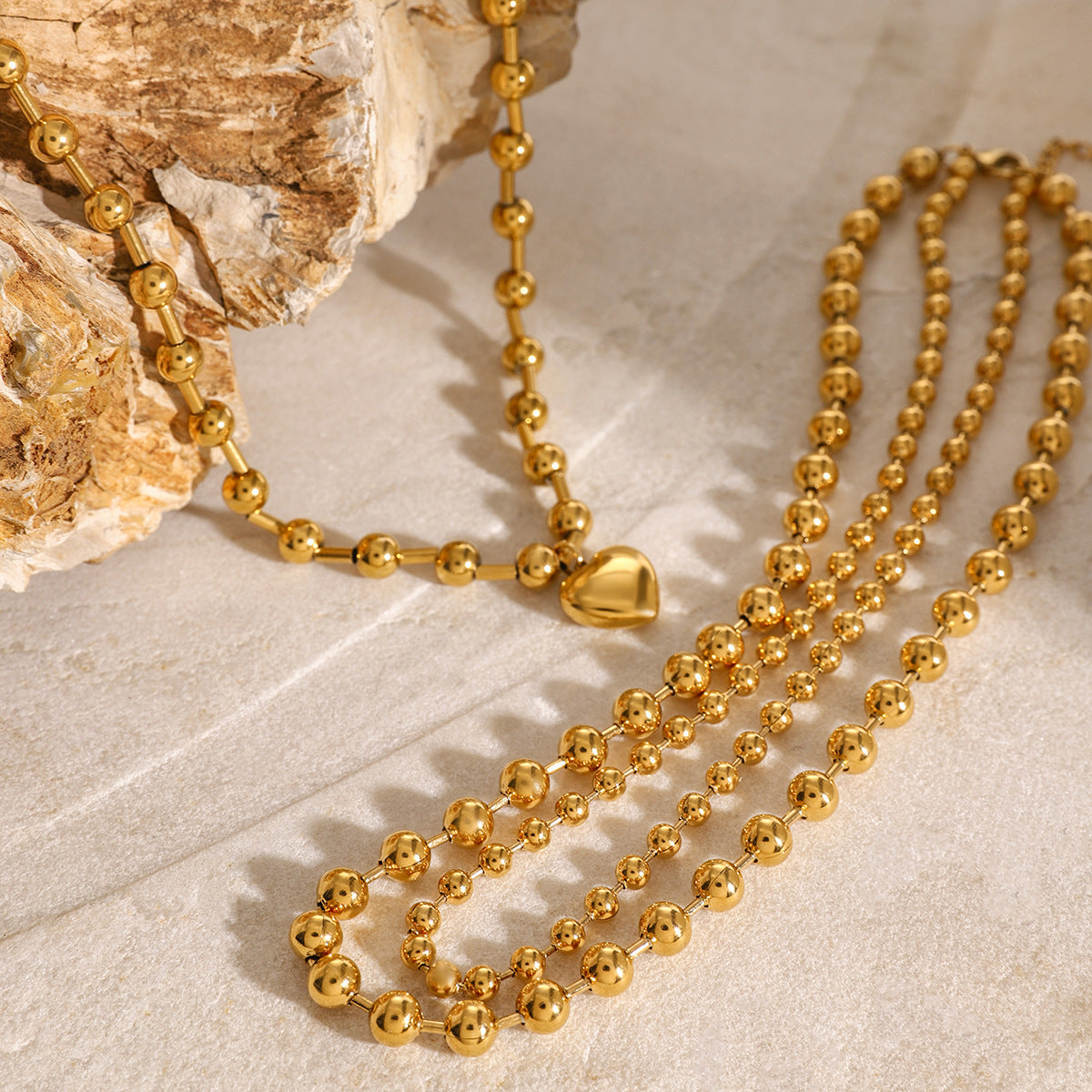 HKM-972307 Stainless Steel Beaded Love Necklace with 18k Gold Plated Clavicle Chain