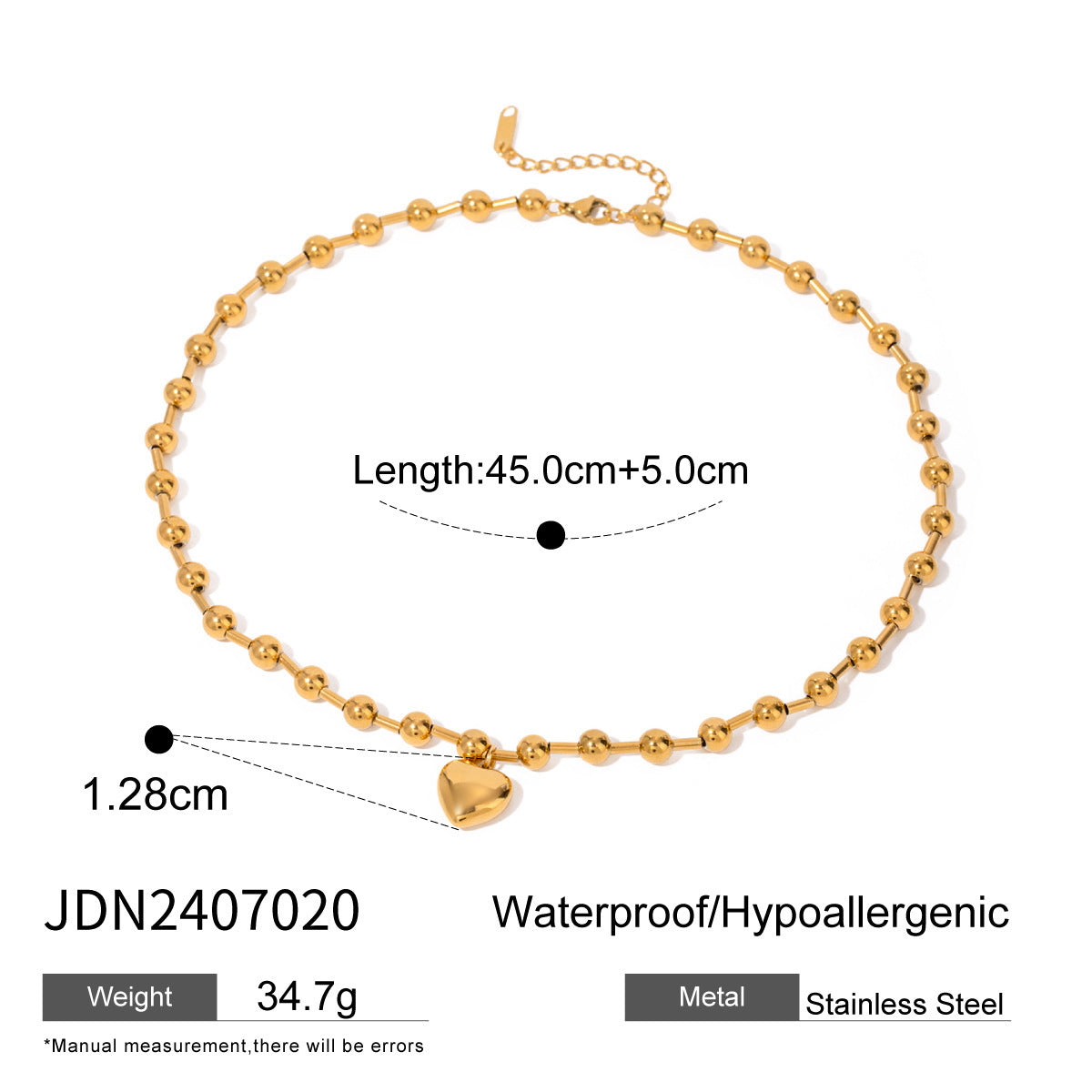 HKM-972307 Stainless Steel Beaded Love Necklace with 18k Gold Plated Clavicle Chain