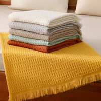 HKM-972627 Solid Color Waffle Knit Blanket - Available in Beige, Khaki, Caramel, Lotus Green, Light Gray, Turmeric - Two Sizes