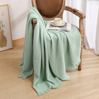 HKM-972627 Solid Color Waffle Knit Blanket - Available in Beige, Khaki, Caramel, Lotus Green, Light Gray, Turmeric - Two Sizes