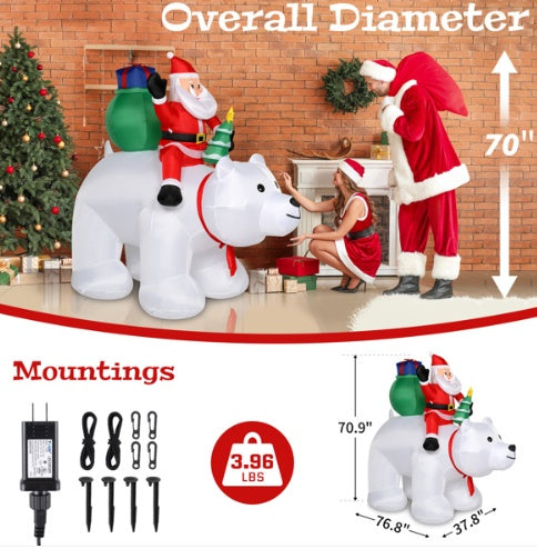 HKM-972755 6ft Santa Claus Riding Polar Bear LED Light Decoration for Christmas Garden Display