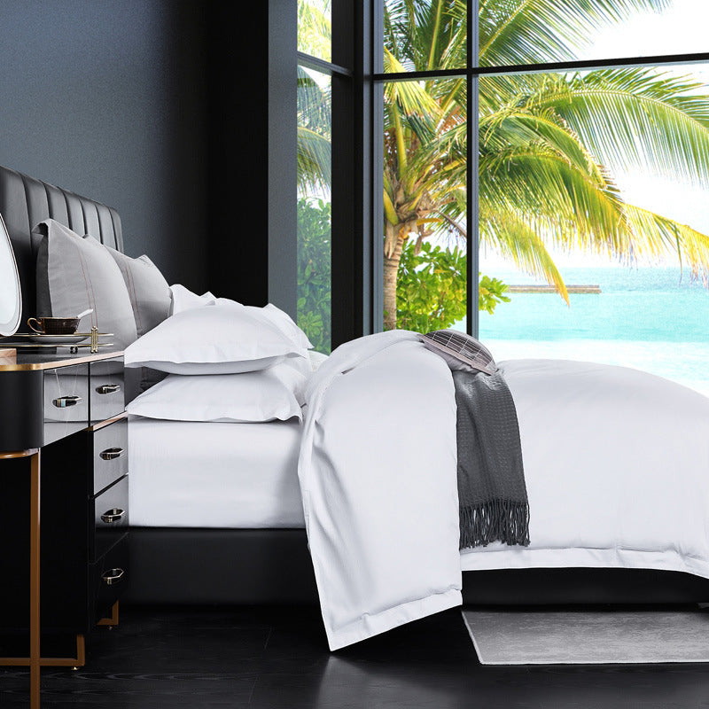 HKM-973587 Pure White Four-Piece Bed Sheet Set in Polyester-Cotton Blend, Available in Multiple Sizes