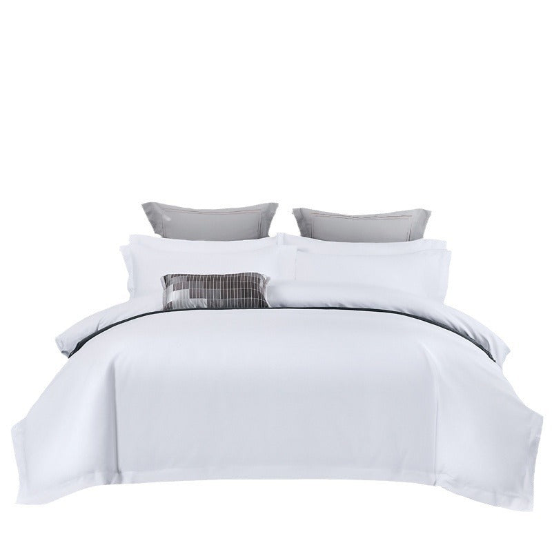 HKM-973587 Pure White Four-Piece Bed Sheet Set in Polyester-Cotton Blend, Available in Multiple Sizes