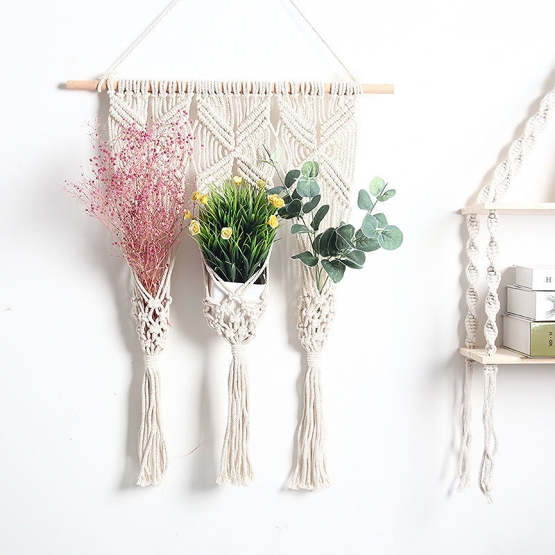 HKM-973715 Woven Cotton Tapestry with Dried Flowers for Pot Rack - European Handcrafted Design