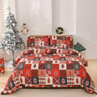 HKM-973779 Christmas Red Plaid Three-Piece Bedding Set - European Style Quilt Cover with Pillowcases