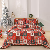 HKM-973779 Christmas Red Plaid Three-Piece Bedding Set - European Style Quilt Cover with Pillowcases