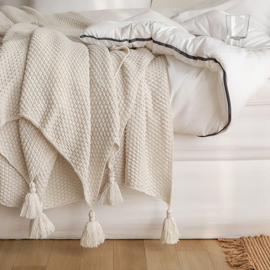 HKM-973779 Nordic Style Solid Color Knitted Blanket for All Seasons – 180x130cm, Soft Acrylic Shawl in Beige, Dark Gray, and Coffee