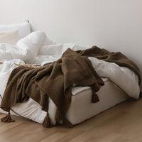 HKM-973779 Nordic Style Solid Color Knitted Blanket for All Seasons – 180x130cm, Soft Acrylic Shawl in Beige, Dark Gray, and Coffee