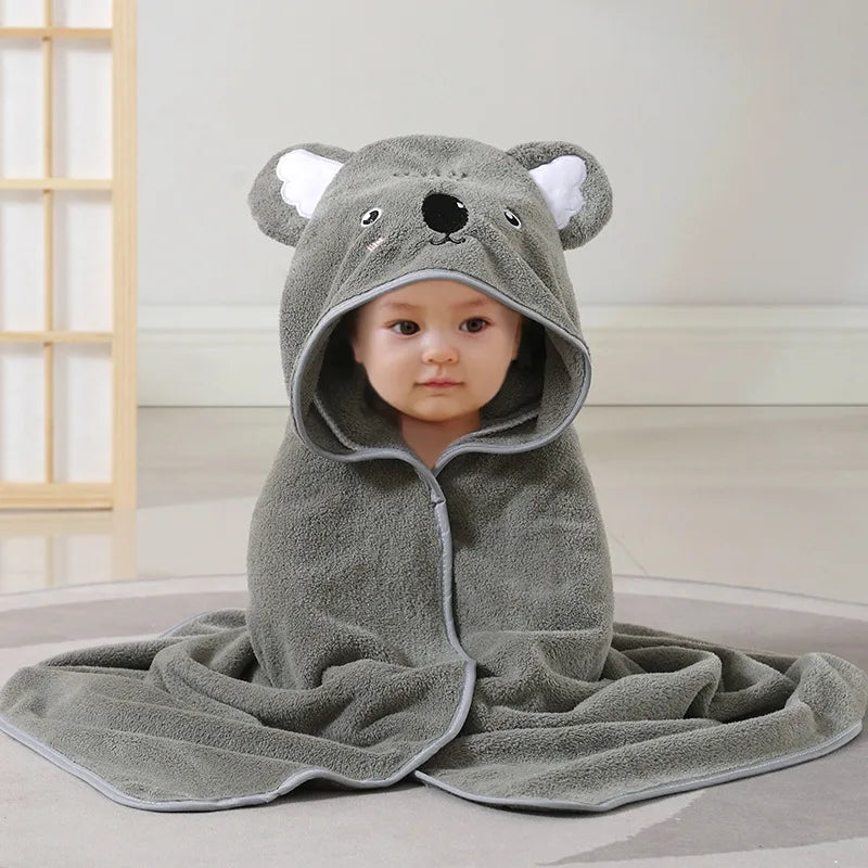 HKM-974611 Hooded Coral Fleece Baby Bath Towel with Cartoon Embroidery, Soft and Thick, 80x80cm
