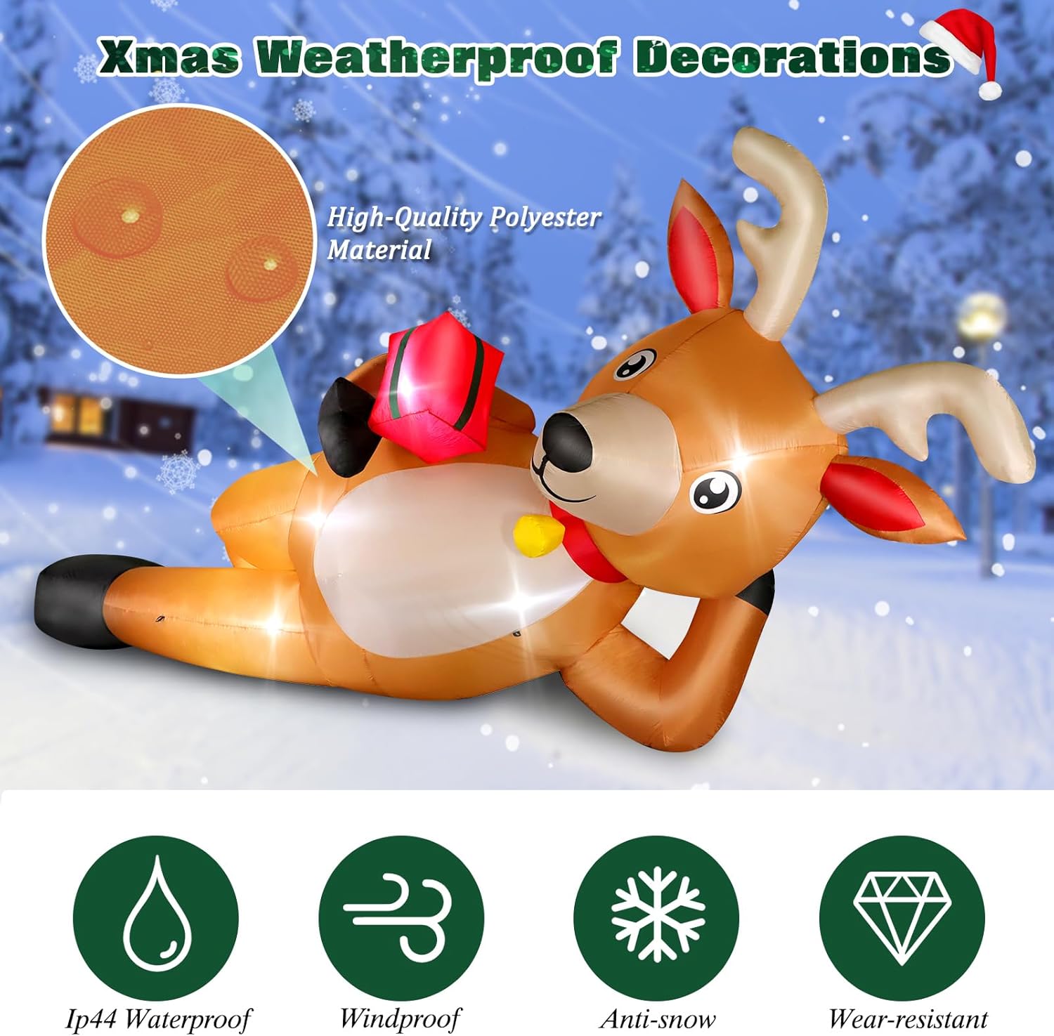 HKM-975123 12 FT Inflatable Christmas Reindeer with Gift Box - Yard Lawn Decoration with Built-in LED Lights