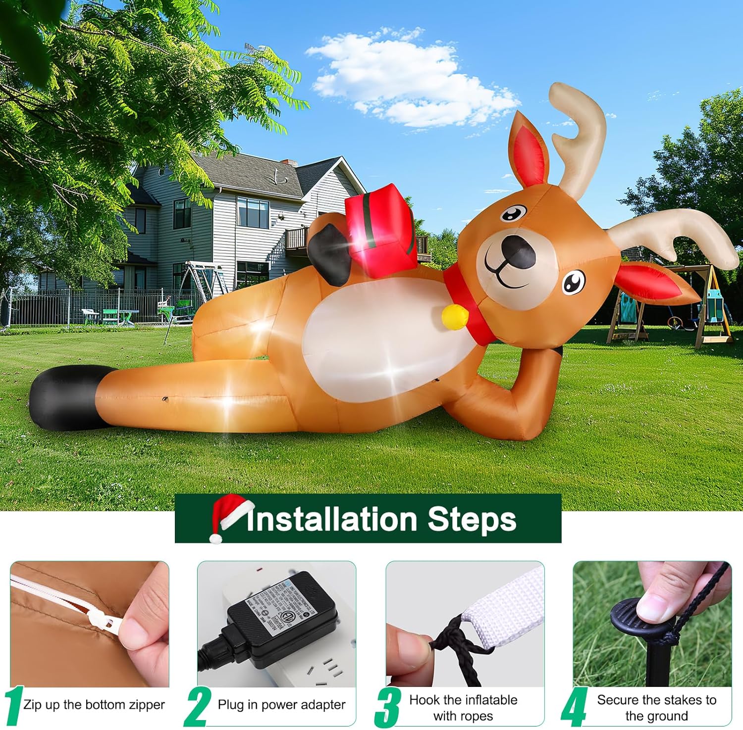 HKM-975123 12 FT Inflatable Christmas Reindeer with Gift Box - Yard Lawn Decoration with Built-in LED Lights