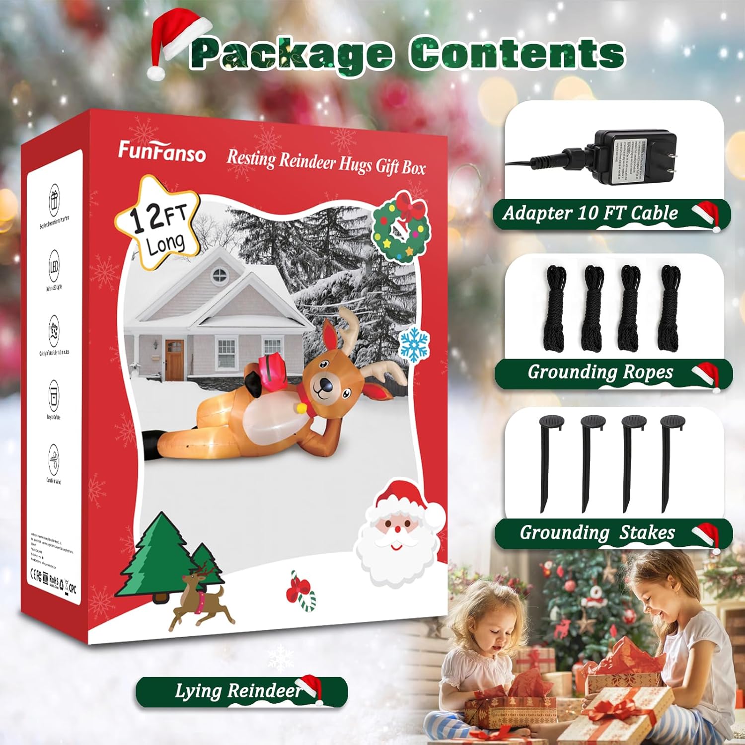 HKM-975123 12 FT Inflatable Christmas Reindeer with Gift Box - Yard Lawn Decoration with Built-in LED Lights