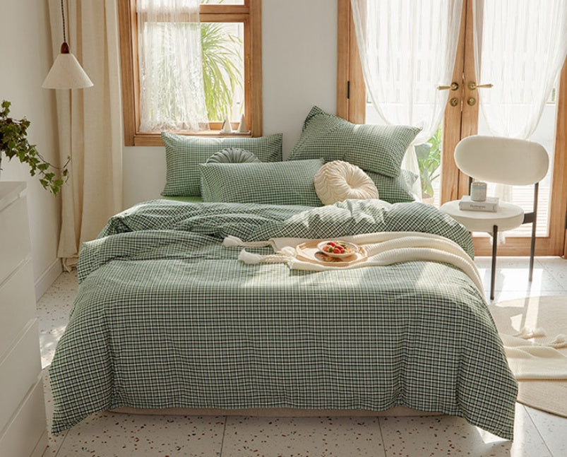 HKM-975251 Retro Style Cotton Plaid Four-Piece Bedding Set for 1.8m Bed