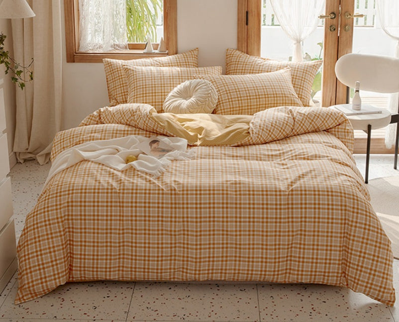 HKM-975251 Retro Style Cotton Plaid Four-Piece Bedding Set for 1.8m Bed