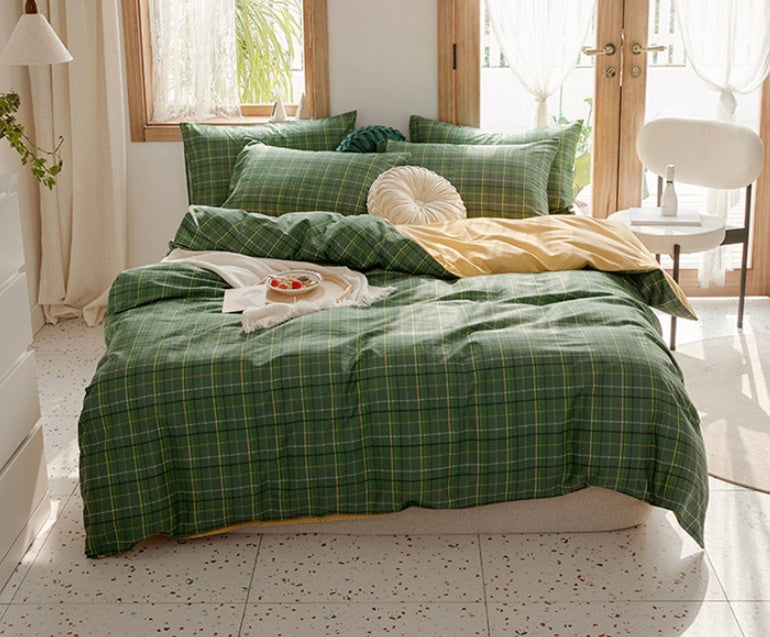 HKM-975251 Retro Style Cotton Plaid Four-Piece Bedding Set for 1.8m Bed
