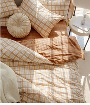 HKM-975251 Retro Style Cotton Plaid Four-Piece Bedding Set for 1.8m Bed