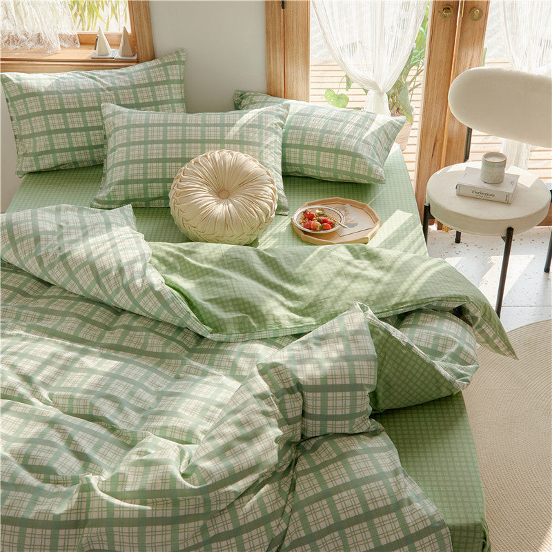 HKM-975251 Retro Style Cotton Plaid Four-Piece Bedding Set for 1.8m Bed
